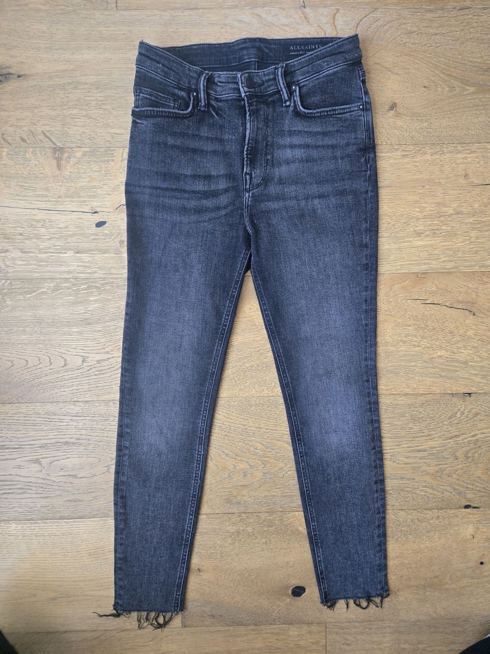 AllSaints Charcoal Gray Skinny Jeans with Raw Hem